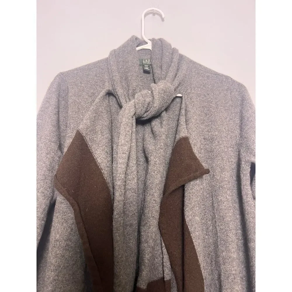 LRL WOMENS Wool Cashmere Open Front Cardigan Tie Gray Brown Sz S Long